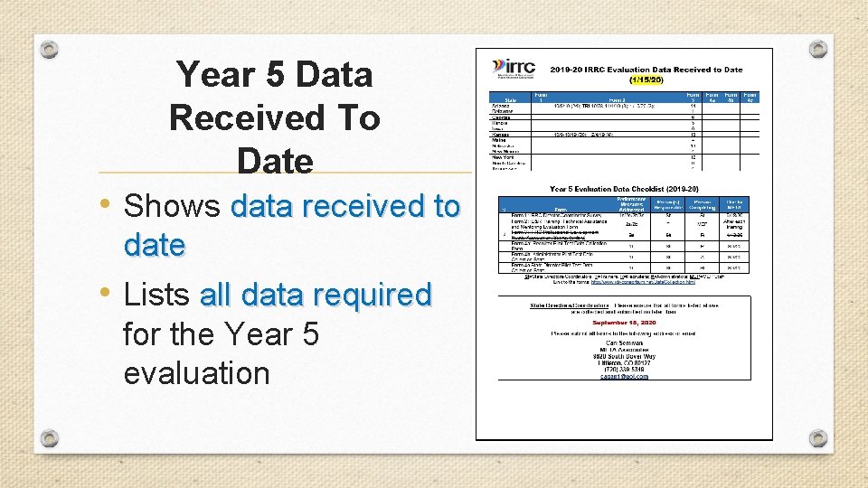 Year 5 Data Received To Date • Shows data received to date • Lists