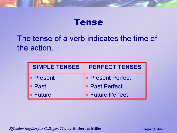 Tense The tense of a verb indicates the time of the action. SIMPLE TENSES