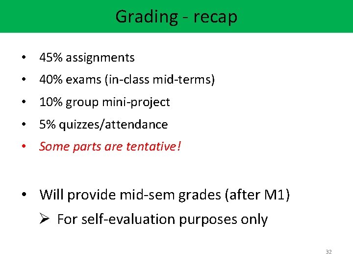 Grading - recap • 45% assignments • 40% exams (in-class mid-terms) • 10% group