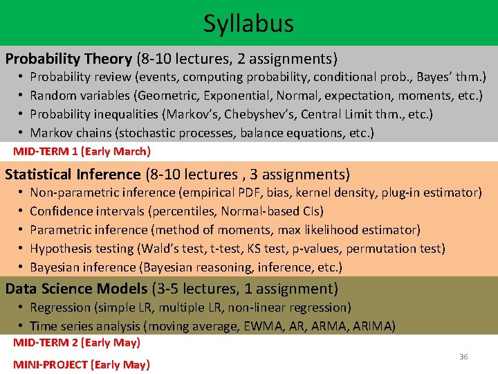 Syllabus Probability Theory (8 -10 lectures, 2 assignments) • • Probability review (events, computing