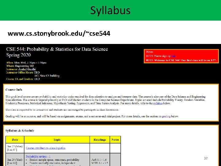 Syllabus www. cs. stonybrook. edu/~cse 544 37 