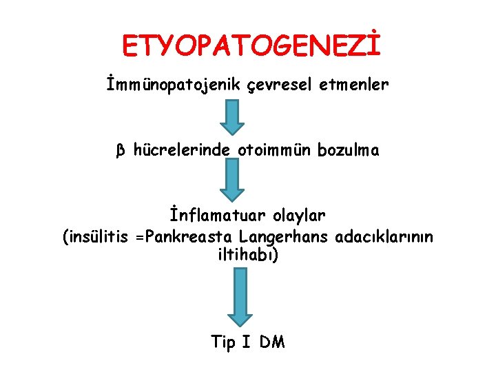 ETYOPATOGENEZİ İmmünopatojenik çevresel etmenler β hücrelerinde otoimmün bozulma İnflamatuar olaylar (insülitis =Pankreasta Langerhans adacıklarının