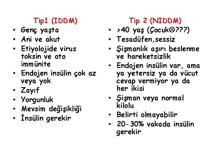  • • Tip 1 (IDDM) Genç yaşta Ani ve akut Etiyolojide virus toksin