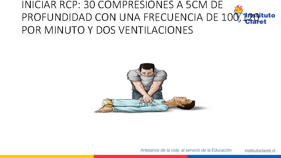 INICIAR RCP: 30 COMPRESIONES A 5 CM DE PROFUNDIDAD CON UNA FRECUENCIA DE 100,