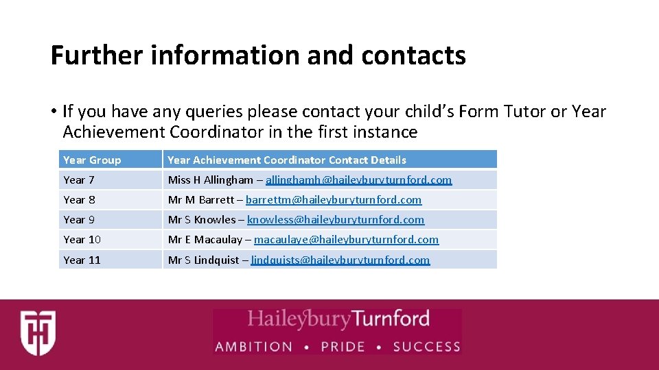Further information and contacts • If you have any queries please contact your child’s