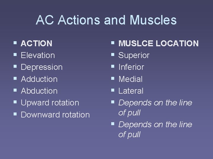 AC Actions and Muscles § § § § ACTION Elevation Depression Adduction Abduction Upward