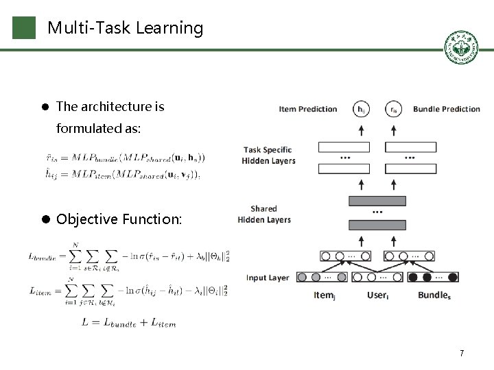 Multi-Task Learning l The architecture is formulated as: l Objective Function: 7 
