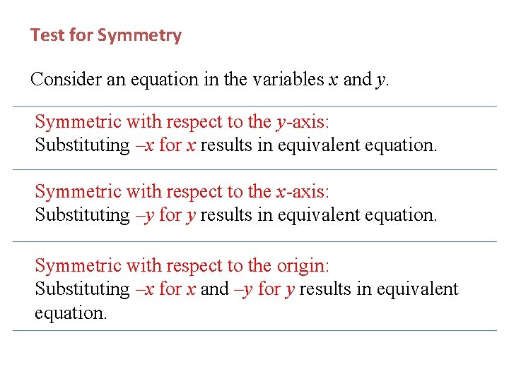 Test for Symmetry Consider an equation in the variables x and y. Symmetric with