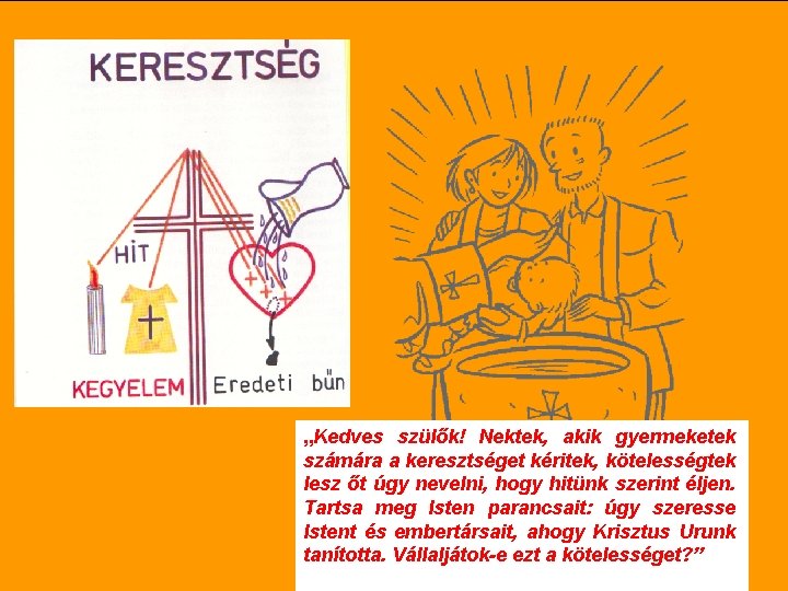 „Kedves szülők! Nektek, akik gyermeketek számára a keresztséget kéritek, kötelességtek lesz őt úgy nevelni,