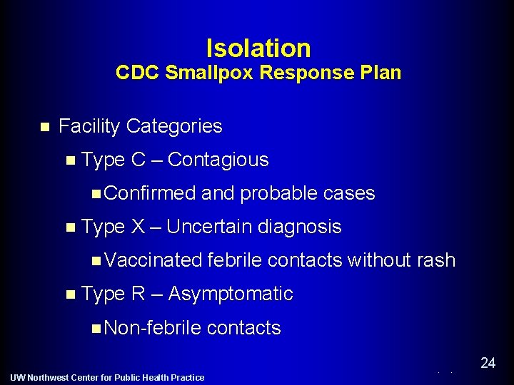 Isolation CDC Smallpox Response Plan n Facility Categories n Type C – Contagious n