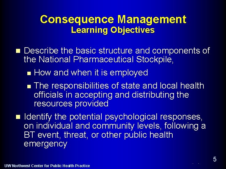 Consequence Management Learning Objectives Describe the basic structure and components of the National Pharmaceutical