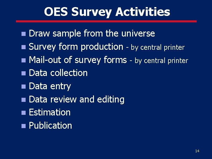 OES Survey Activities Draw sample from the universe Survey form production - by central