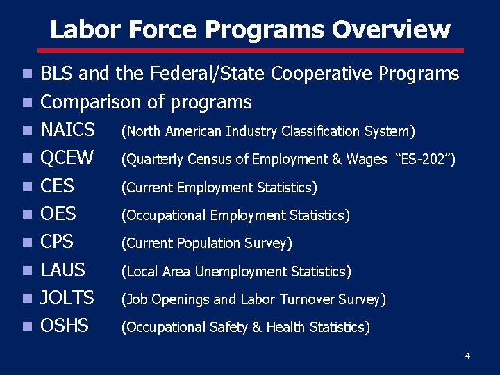 Labor Force Programs Overview BLS and the Federal/State Cooperative Programs Comparison of programs NAICS
