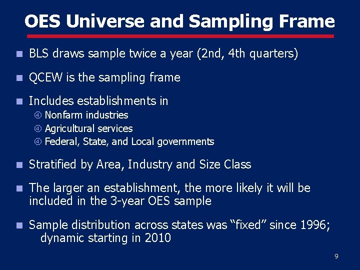 OES Universe and Sampling Frame BLS draws sample twice a year (2 nd, 4