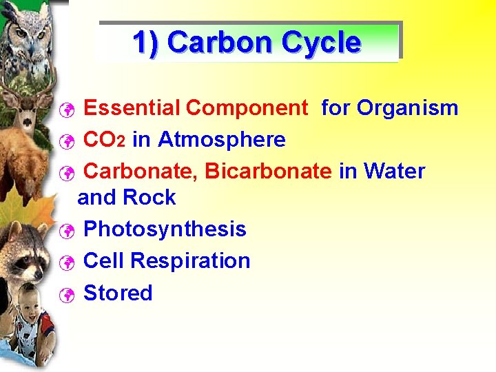 1) Carbon Cycle Essential Component for Organism ü CO 2 in Atmosphere ü Carbonate,