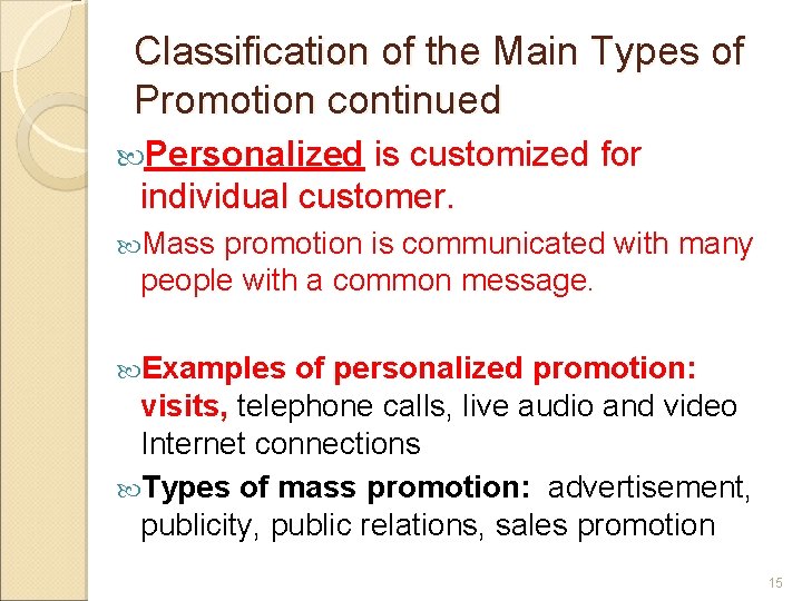 Classification of the Main Types of Promotion continued Personalized is customized for individual customer.