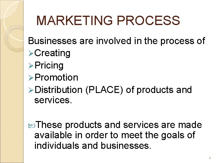 MARKETING PROCESS Businesses are involved in the process of Ø Creating Ø Pricing Ø