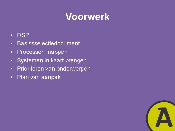 Voorwerk • • • DSP Basissselectiedocument Processen mappen Systemen in kaart brengen Prioriteren van