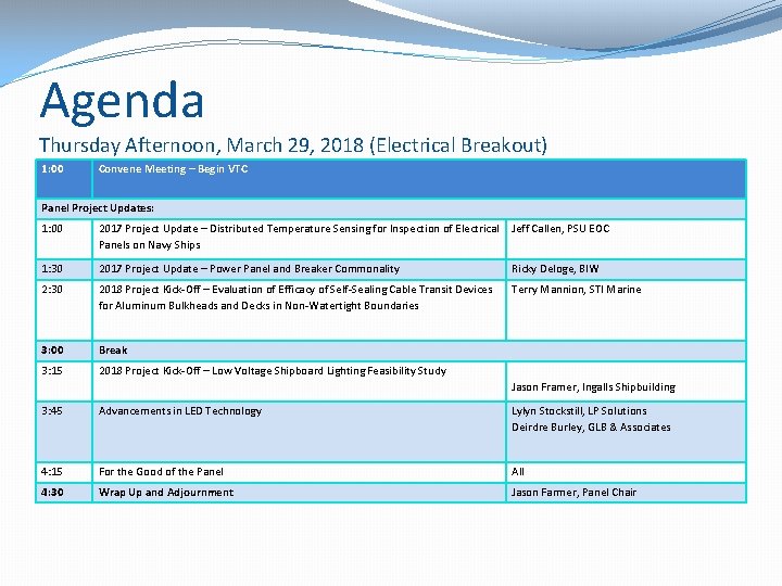 Agenda Thursday Afternoon, March 29, 2018 (Electrical Breakout) 1: 00 Convene Meeting – Begin