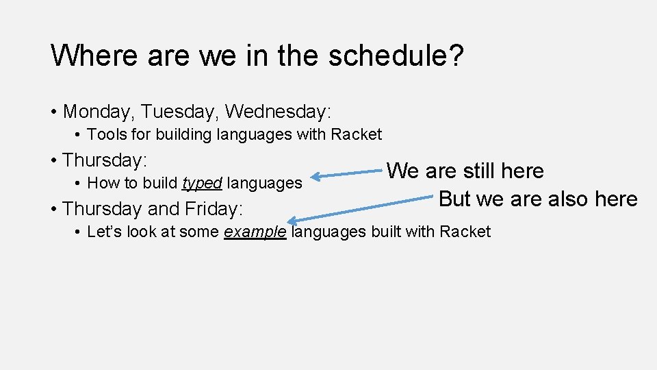 Where are we in the schedule? • Monday, Tuesday, Wednesday: • Tools for building