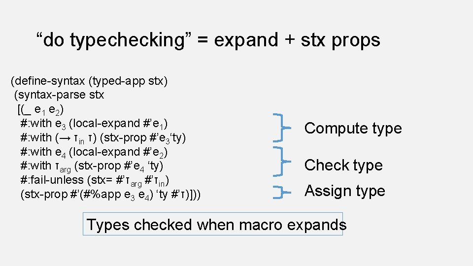 “do typechecking” = expand + stx props (define-syntax (typed-app stx) (syntax-parse stx [(_ e