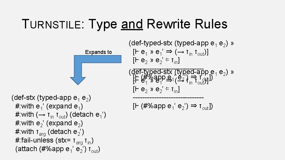 TURNSTILE: Type and Rewrite Rules Expands to (def-typed-stx (typed-app e 1 e 2) »