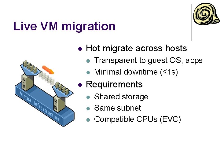 Live VM migration l Hot migrate across hosts l l l Transparent to guest