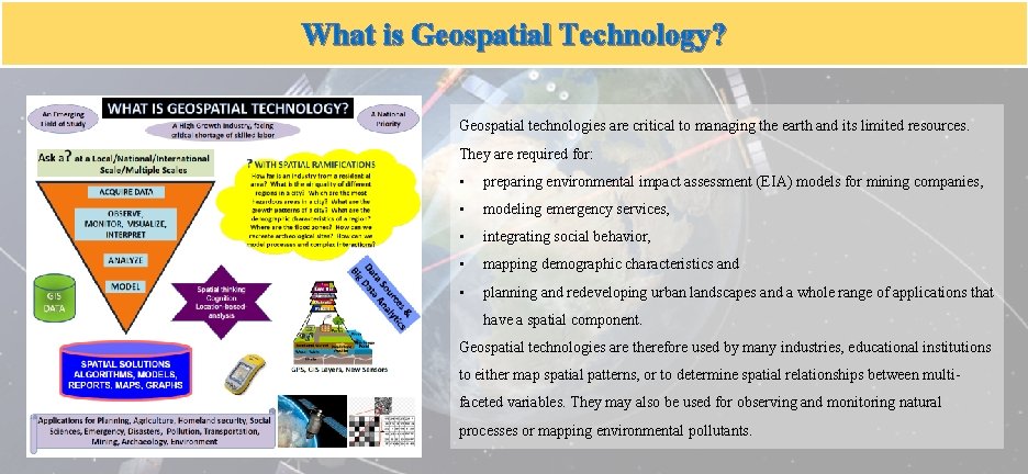 What is Geospatial Technology? Geospatial technologies are critical to managing the earth and its