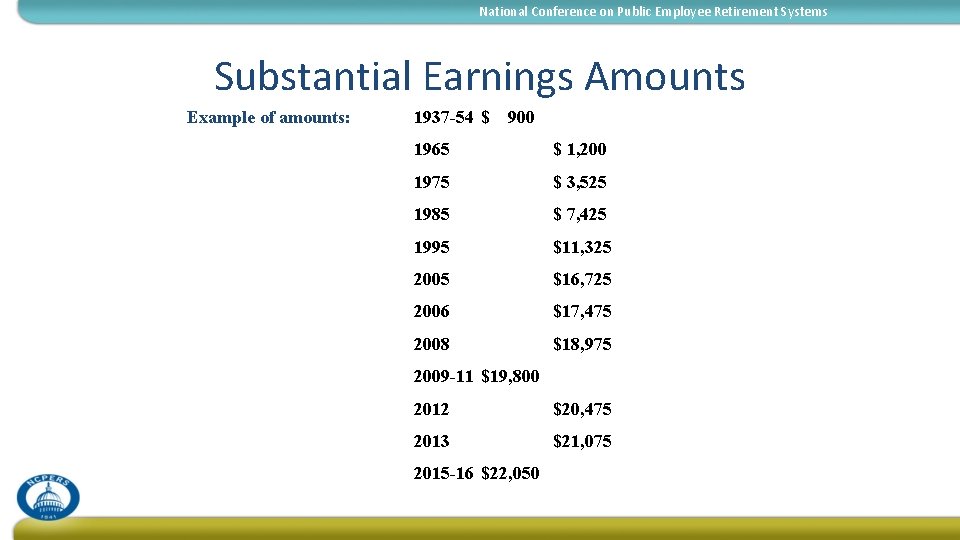 National Conference on Public Employee Retirement Systems Substantial Earnings Amounts Example of amounts: 1937