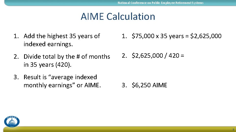 National Conference on Public Employee Retirement Systems AIME Calculation 1. Add the highest 35