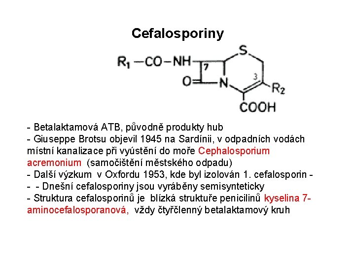 Cefalosporiny - Betalaktamová ATB, původně produkty hub - Giuseppe Brotsu objevil 1945 na Sardínii,