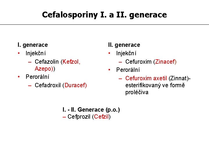 Cefalosporiny I. a II. generace • Injekční – Cefazolin (Kefzol, Azepo)) • Perorální –