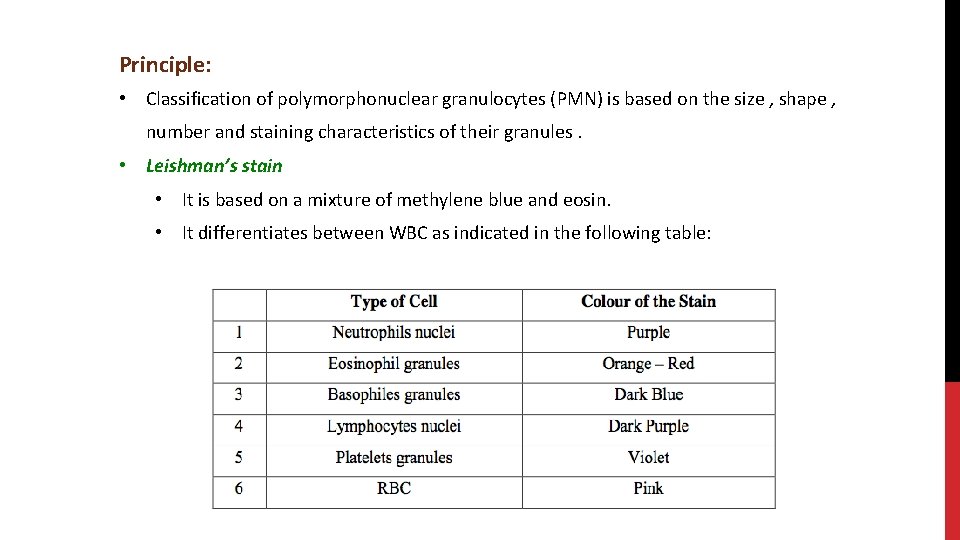 Principle: • Classification of polymorphonuclear granulocytes (PMN) is based on the size , shape