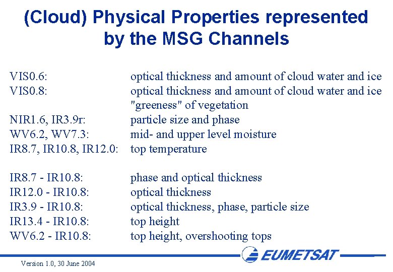 (Cloud) Physical Properties represented by the MSG Channels VIS 0. 6: VIS 0. 8: