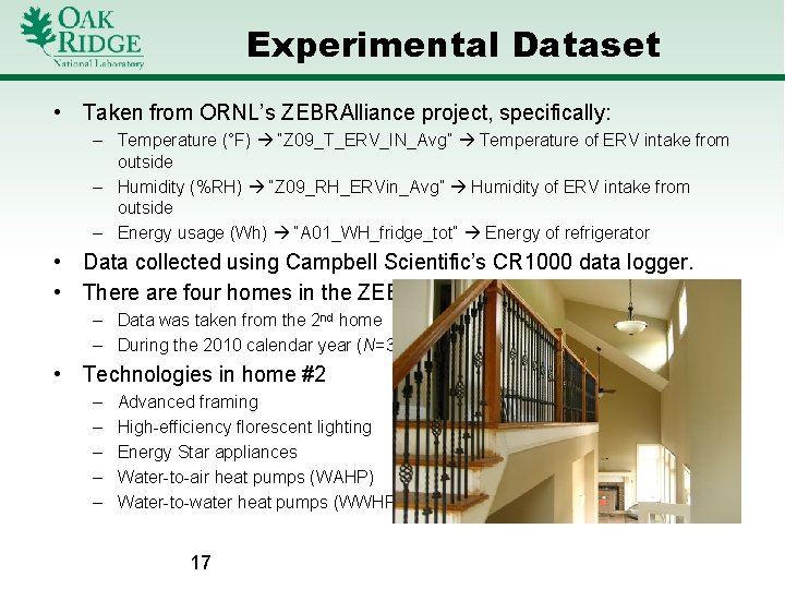 Experimental Dataset • Taken from ORNL’s ZEBRAlliance project, specifically: – Temperature (°F) “Z 09_T_ERV_IN_Avg”