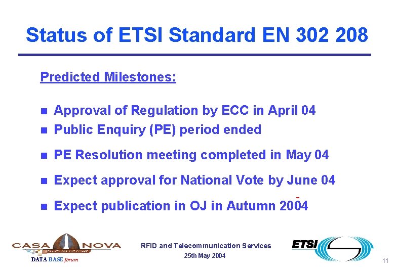 Status of ETSI Standard EN 302 208 Predicted Milestones: n Approval of Regulation by