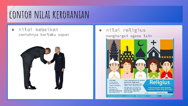 contoh nilai kerohanian ● nilai kebaikan contohnya berlaku sopan ● nilai religius menghargai agama