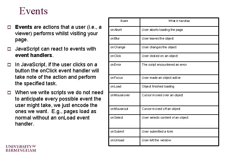 Events Event o o Events are actions that a user (i. e. , a