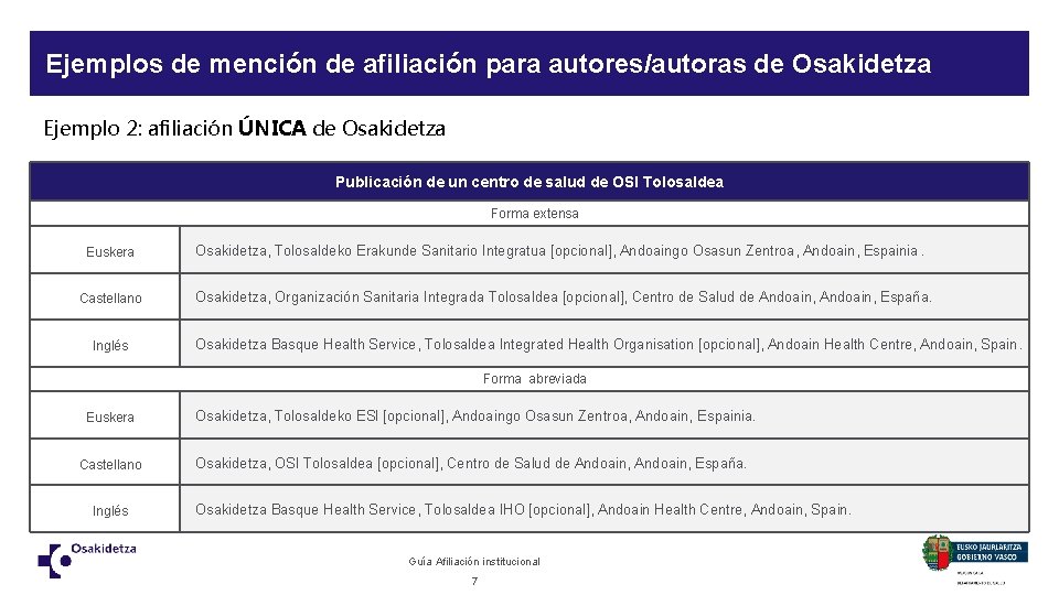 Ejemplos de mención de afiliación para autores/autoras de Osakidetza Ejemplo 2: afiliación ÚNICA de