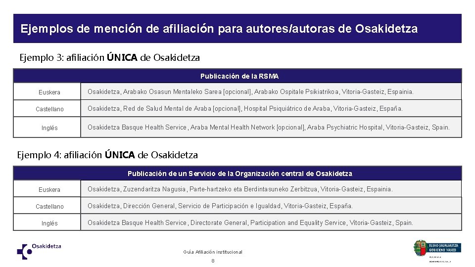 Ejemplos de mención de afiliación para autores/autoras de Osakidetza Ejemplo 3: afiliación ÚNICA de