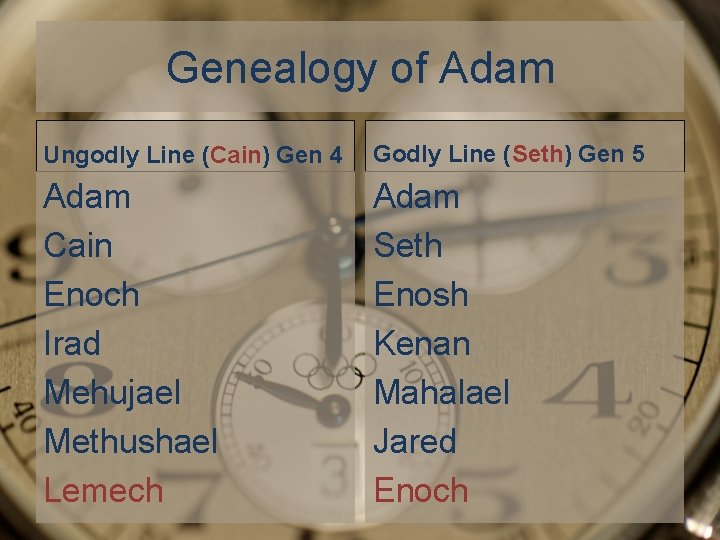 Genealogy of Adam Ungodly Line (Cain) Gen 4 Godly Line (Seth) Gen 5 Adam