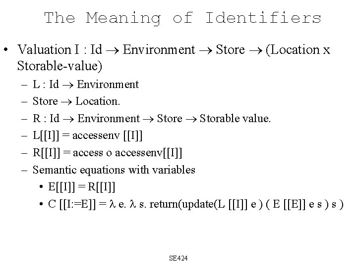 The Meaning of Identifiers • Valuation I : Id Environment Store (Location x Storable-value)