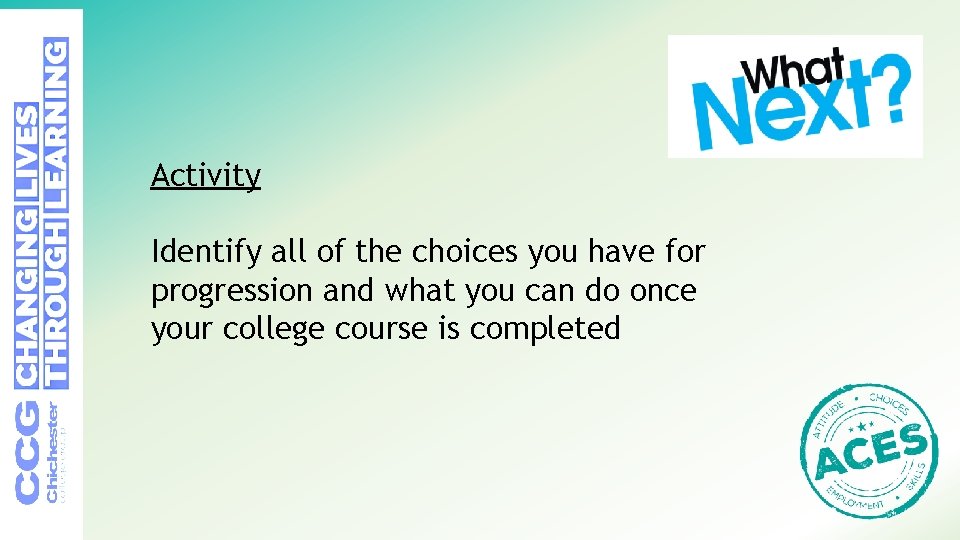 Activity Identify all of the choices you have for progression and what you can