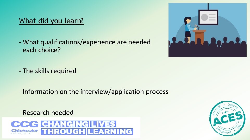 What did you learn? - What qualifications/experience are needed each choice? - The skills