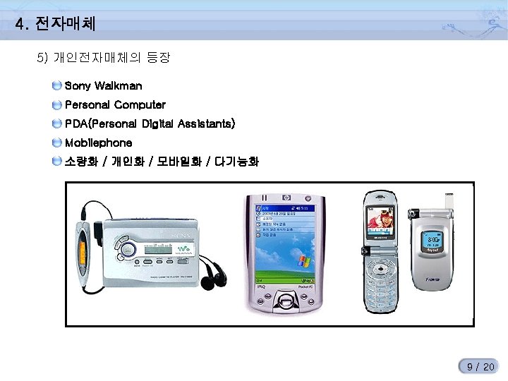 4. 전자매체 5) 개인전자매체의 등장 Sony Walkman Personal Computer PDA(Personal Digital Assistants) Mobilephone 소량화