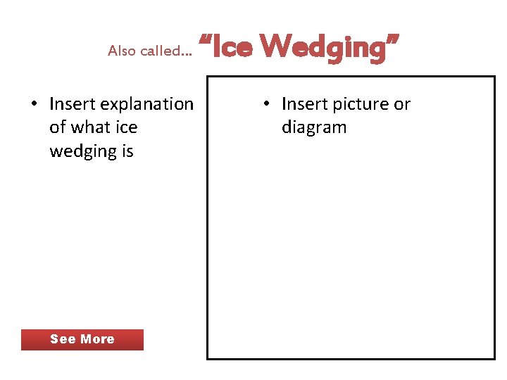 Also called… • Insert explanation of what ice wedging is See More “Ice Wedging”