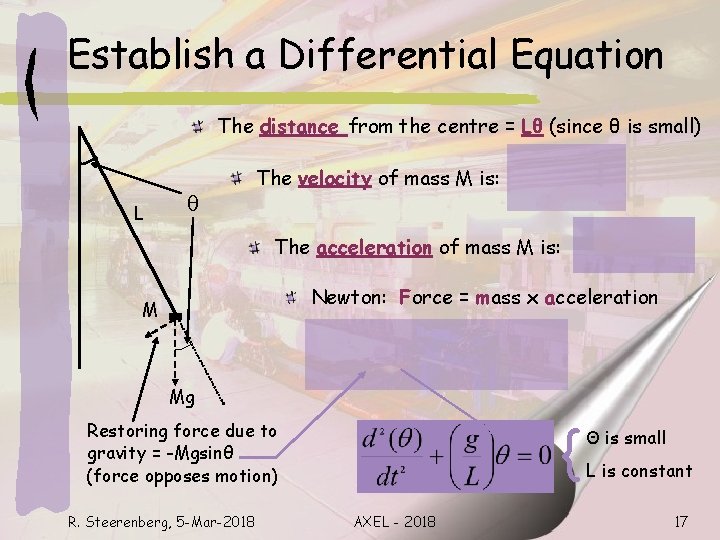 Establish a Differential Equation The distance from the centre = Lθ (since θ is
