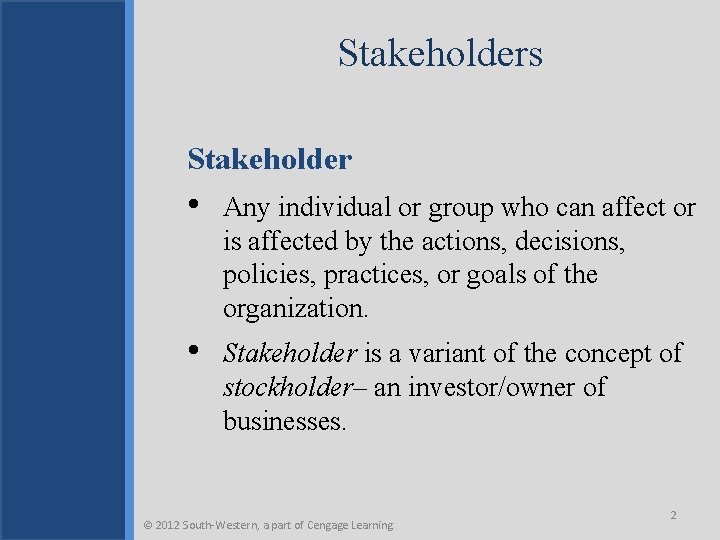 Stakeholders Stakeholder • Any individual or group who can affect or is affected by