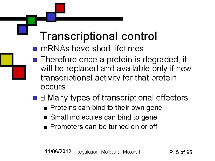 Transcriptional control n n n m. RNAs have short lifetimes Therefore once a protein