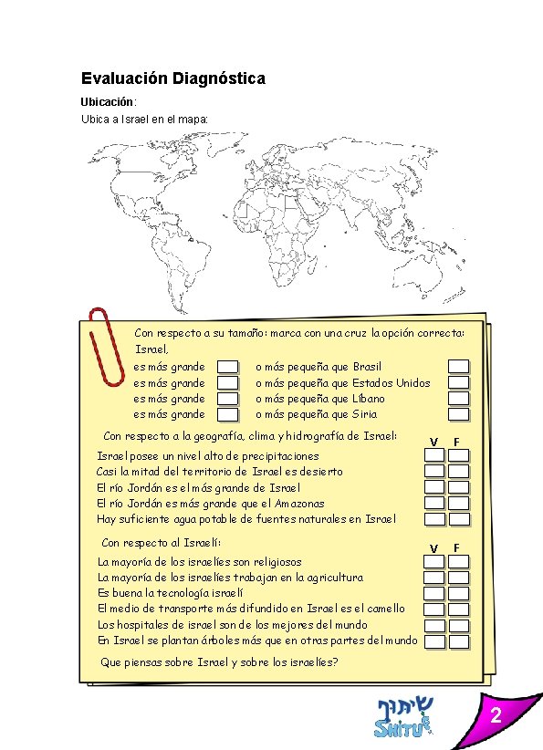Evaluación Diagnóstica Ubicación: Ubica a Israel en el mapa: Con respecto a su tamaño: